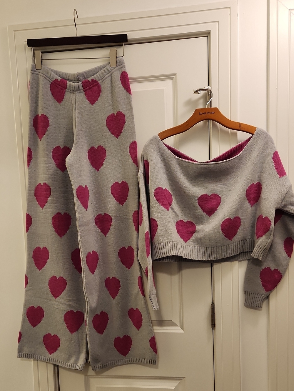 NWT Gray Knit Set with Pink Heart Pattern